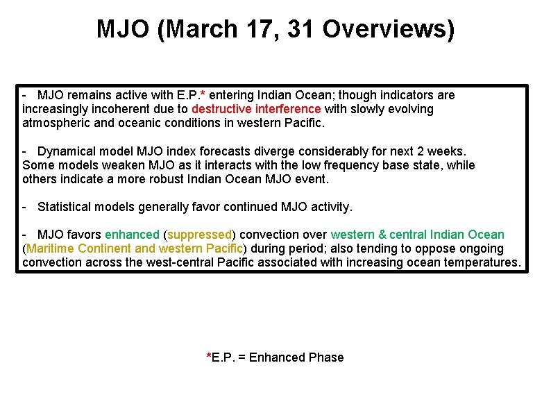 MJO (March 17, 31 Overviews) - MJO remains active with E. P. * entering