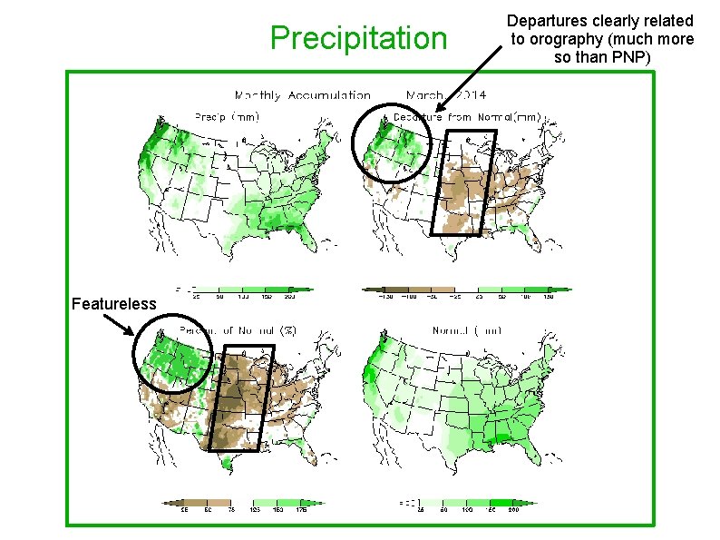 Precipitation Featureless Departures clearly related to orography (much more so than PNP) 