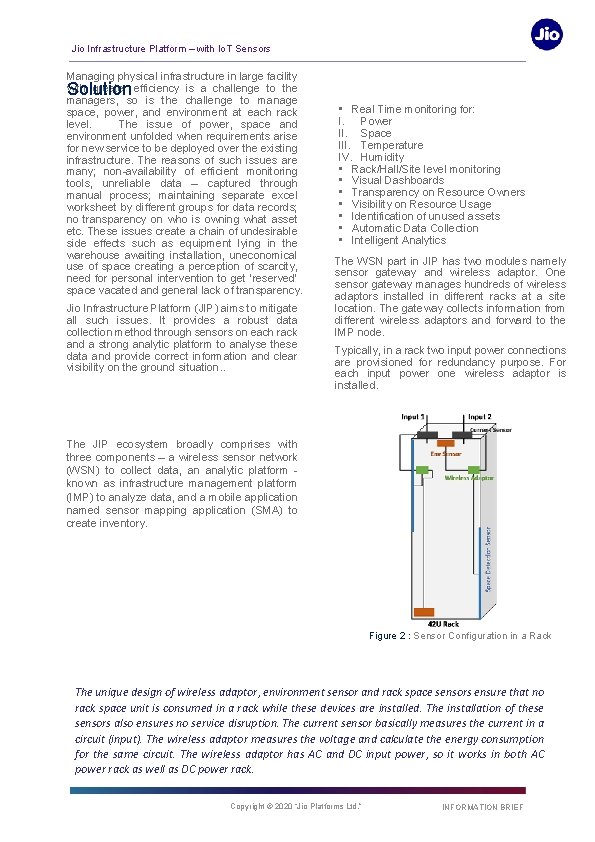 Jio Infrastructure Platform – with Io. T Sensors Managing physical infrastructure in large facility