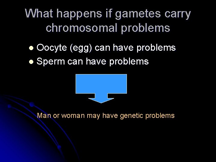 What happens if gametes carry chromosomal problems Oocyte (egg) can have problems l Sperm