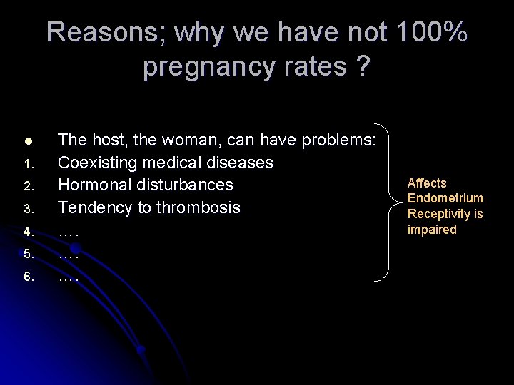 Reasons; why we have not 100% pregnancy rates ? l 1. 2. 3. 4.