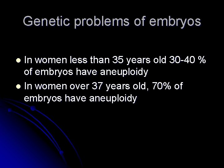 Genetic problems of embryos In women less than 35 years old 30 -40 %