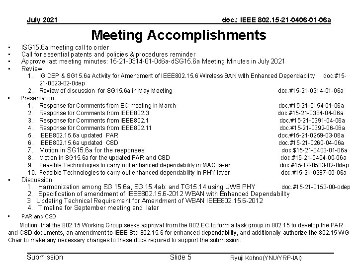 July 2021 doc. : IEEE 802. 15 -21 -0406 -01 -06 a Meeting Accomplishments