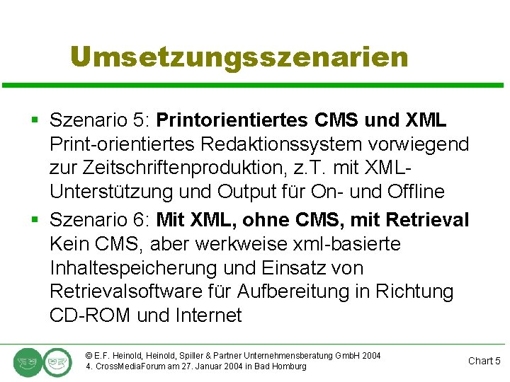 Umsetzungsszenarien § Szenario 5: Printorientiertes CMS und XML Print-orientiertes Redaktionssystem vorwiegend zur Zeitschriftenproduktion, z.