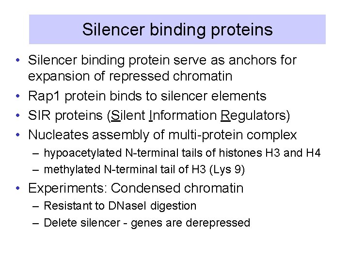 Silencer binding proteins • Silencer binding protein serve as anchors for expansion of repressed