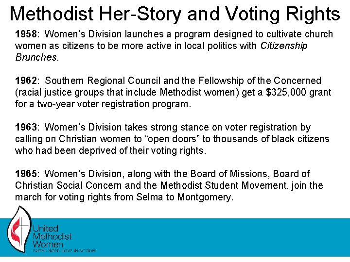 Methodist Her-Story and Voting Rights 1958: Women’s Division launches a program designed to cultivate