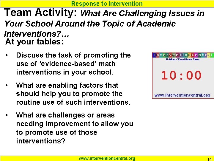 Response to Intervention Team Activity: What Are Challenging Issues in Your School Around the