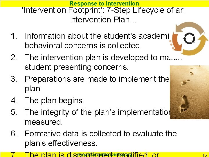 Response to Intervention ‘Intervention Footprint’: 7 -Step Lifecycle of an Intervention Plan… 1. Information