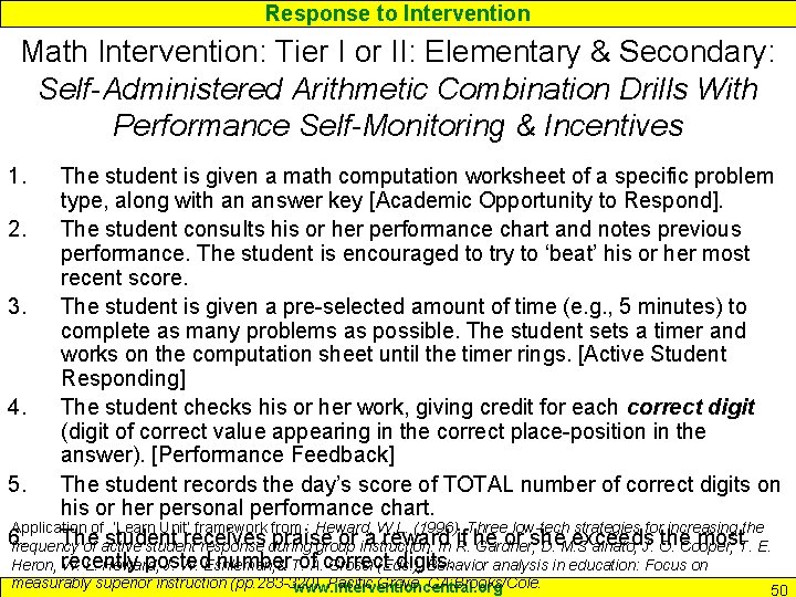 Response to Intervention Math Intervention: Tier I or II: Elementary & Secondary: Self-Administered Arithmetic