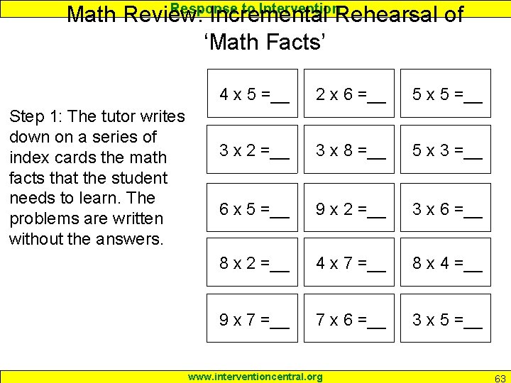 Response to Intervention Math Review: Incremental Rehearsal of ‘Math Facts’ Step 1: The tutor