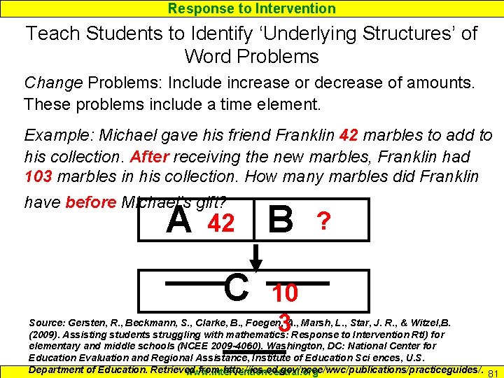 Response to Intervention Teach Students to Identify ‘Underlying Structures’ of Word Problems Change Problems: