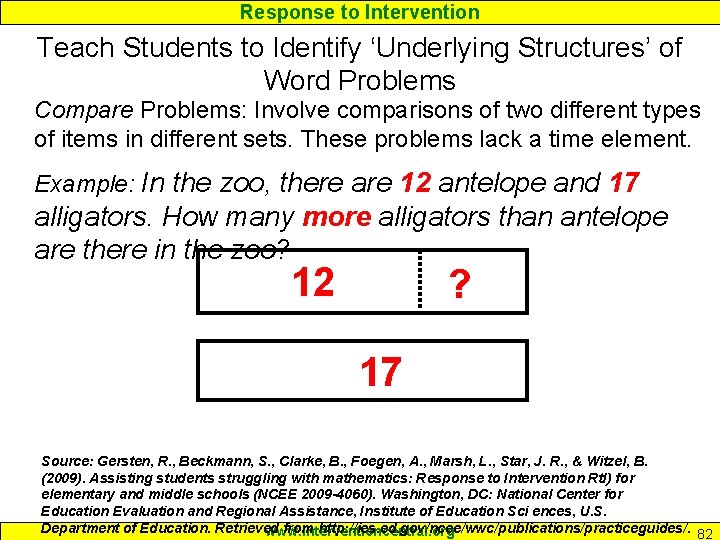 Response to Intervention Teach Students to Identify ‘Underlying Structures’ of Word Problems Compare Problems: