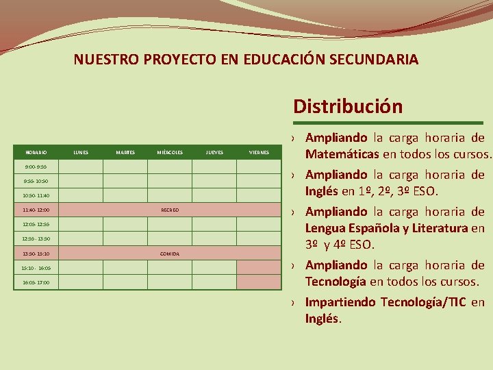 NUESTRO PROYECTO EN EDUCACIÓN SECUNDARIA Distribución HORARIO LUNES MARTES MIÉRCOLES 9: 00 -9: 55