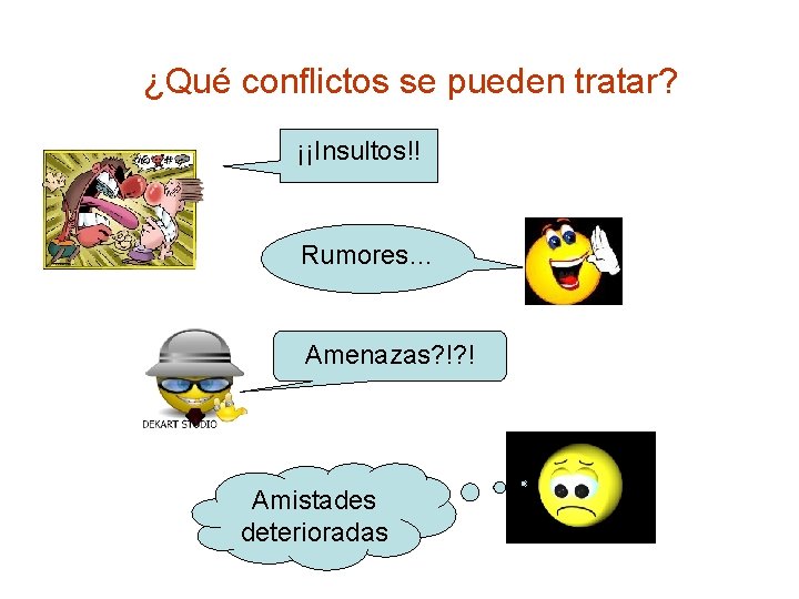 ¿Qué conflictos se pueden tratar? ¡¡Insultos!! Rumores… Amenazas? !? ! Amistades deterioradas 