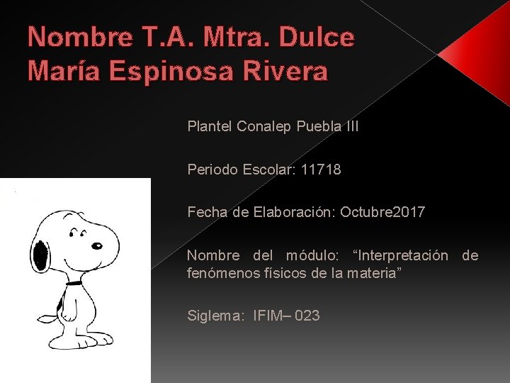 Nombre T. A. Mtra. Dulce María Espinosa Rivera Plantel Conalep Puebla III Periodo Escolar: