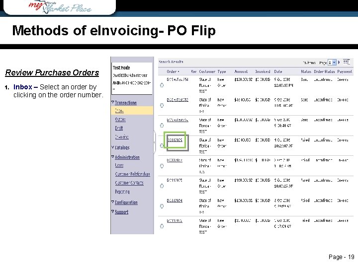 Methods of e. Invoicing- PO Flip Review Purchase Orders 1. Inbox – Select an