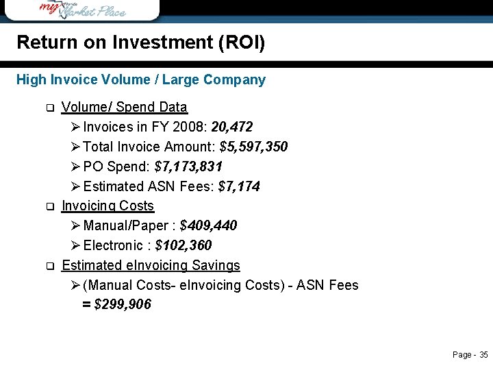 Return on Investment (ROI) Return on Investment High Invoice Volume / Large Company q