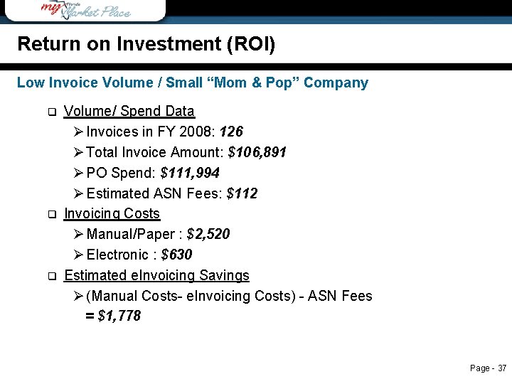 Return on Investment (ROI) Return on Investment Low Invoice Volume / Small “Mom &