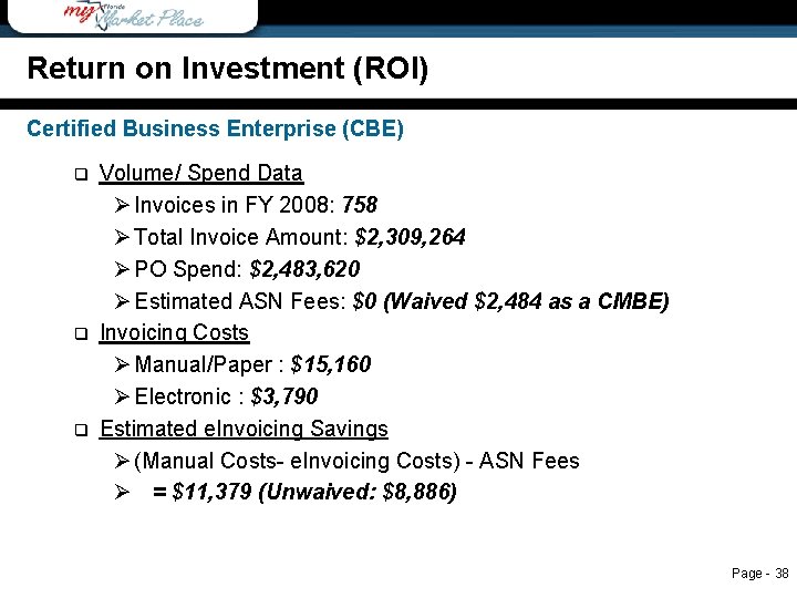 Return on Investment (ROI) Return on Investment Certified Business Enterprise (CBE) q q q