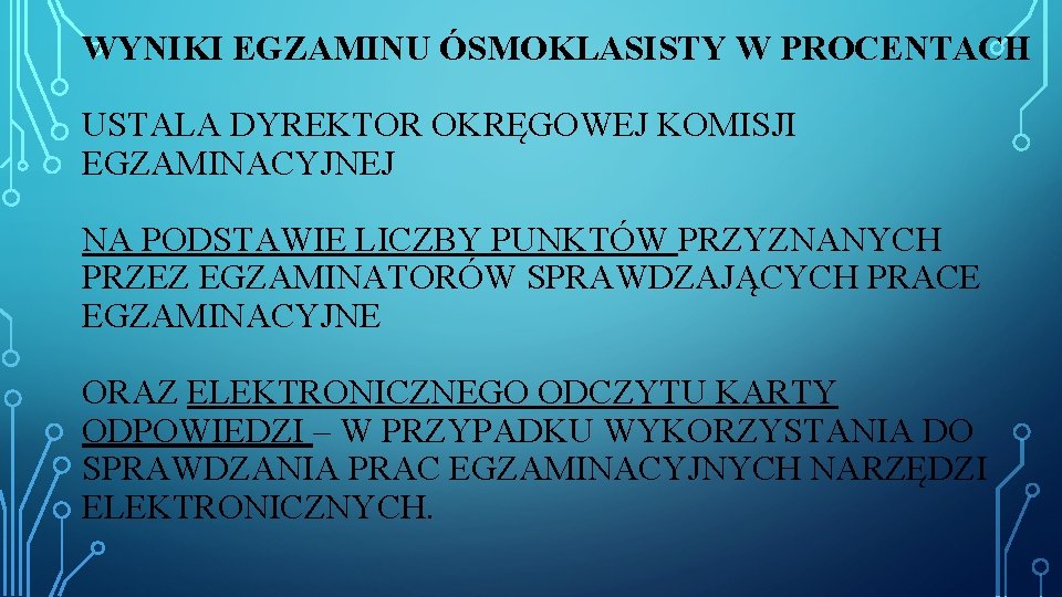 WYNIKI EGZAMINU ÓSMOKLASISTY W PROCENTACH USTALA DYREKTOR OKRĘGOWEJ KOMISJI EGZAMINACYJNEJ NA PODSTAWIE LICZBY PUNKTÓW