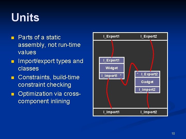 Units n n Parts of a static assembly, not run-time values Import/export types and Units n n Parts of a static assembly, not run-time values Import/export types and