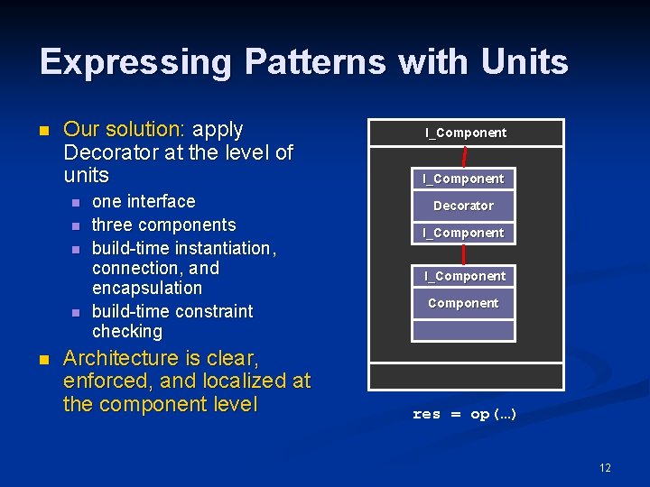 Expressing Patterns with Units n Our solution: apply Decorator at the level of units Expressing Patterns with Units n Our solution: apply Decorator at the level of units