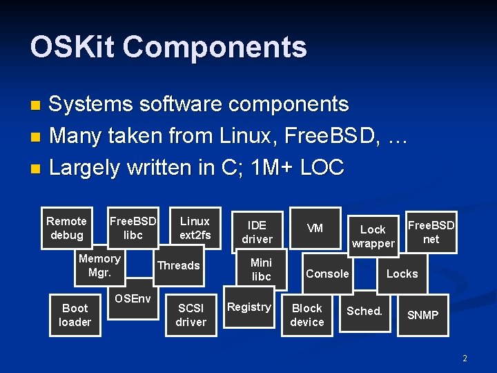 OSKit Components Systems software components n Many taken from Linux, Free. BSD, … n OSKit Components Systems software components n Many taken from Linux, Free. BSD, … n