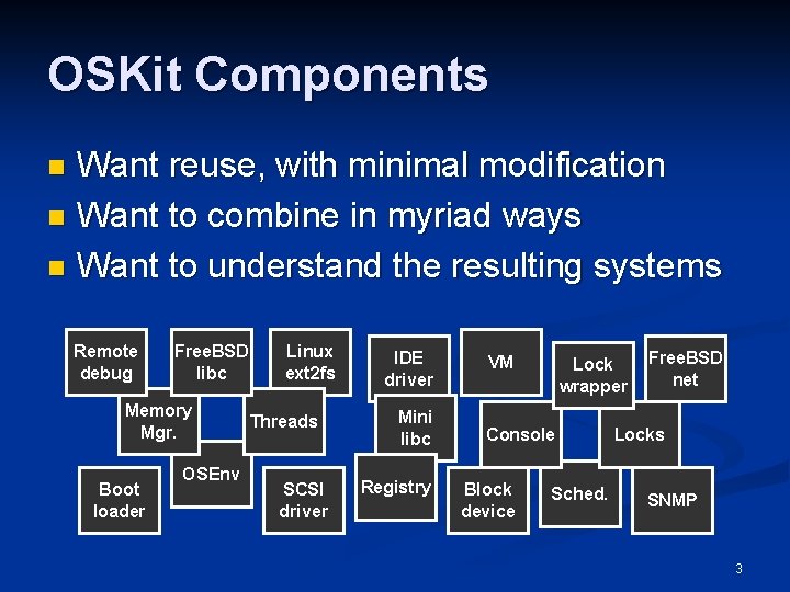 OSKit Components Want reuse, with minimal modification n Want to combine in myriad ways OSKit Components Want reuse, with minimal modification n Want to combine in myriad ways