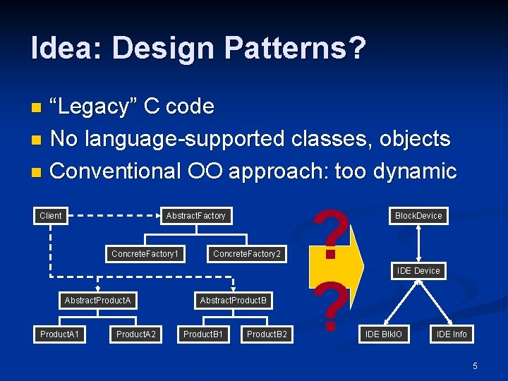 Idea: Design Patterns? “Legacy” C code n No language-supported classes, objects n Conventional OO Idea: Design Patterns? “Legacy” C code n No language-supported classes, objects n Conventional OO