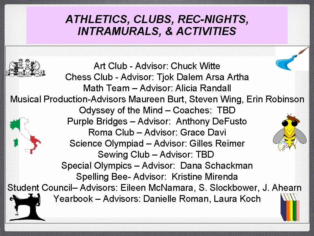ATHLETICS, CLUBS, REC-NIGHTS, INTRAMURALS, & ACTIVITIES Art Club - Advisor: Chuck Witte Chess Club