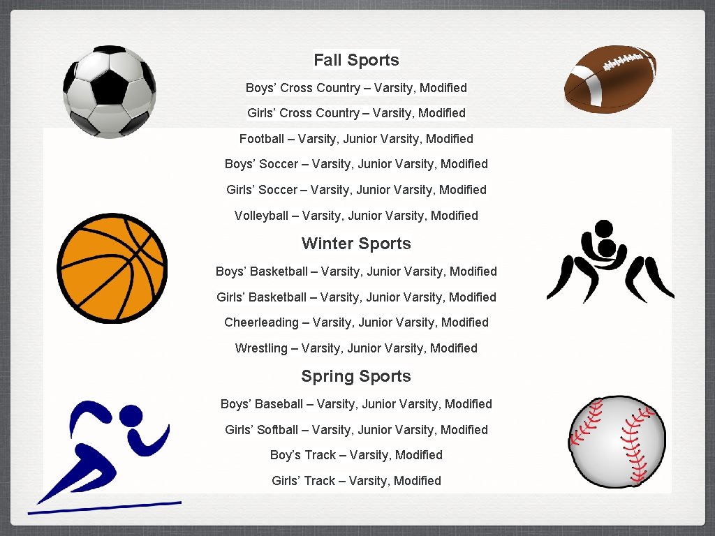 Fall Sports Boys’ Cross Country – Varsity, Modified Girls’ Cross Country – Varsity, Modified