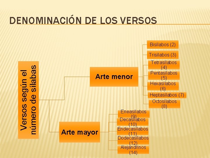 DENOMINACIÓN DE LOS VERSOS Bisílabos (2) Versos según el número de sílabas Trisílabos (3)