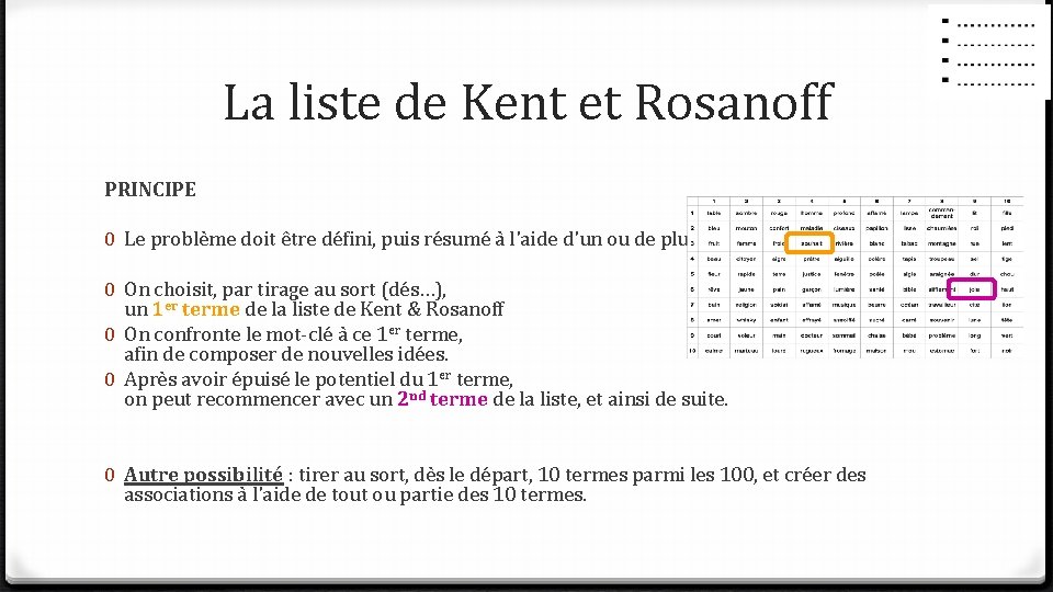 La liste de Kent et Rosanoff PRINCIPE 0 Le problème doit être défini, puis La liste de Kent et Rosanoff PRINCIPE 0 Le problème doit être défini, puis