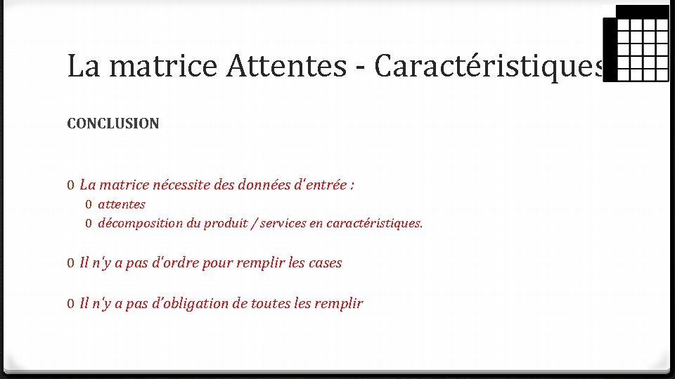 La matrice Attentes - Caractéristiques CONCLUSION 0 La matrice nécessite des données d'entrée : La matrice Attentes - Caractéristiques CONCLUSION 0 La matrice nécessite des données d'entrée :