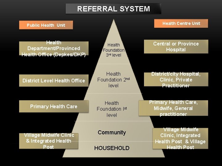 REFERRAL SYSTEM Health Centre Unit Public Health Unit Health Department/Provinced Health Office (Depkes/DKP) Health