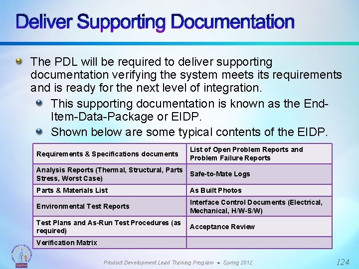 Deliver Supporting Documentation The PDL will be required to deliver supporting documentation verifying the