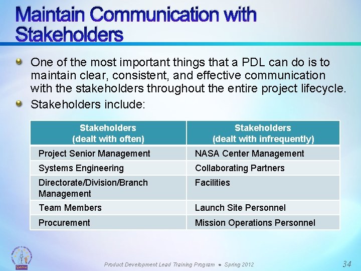 Maintain Communication with Stakeholders One of the most important things that a PDL can