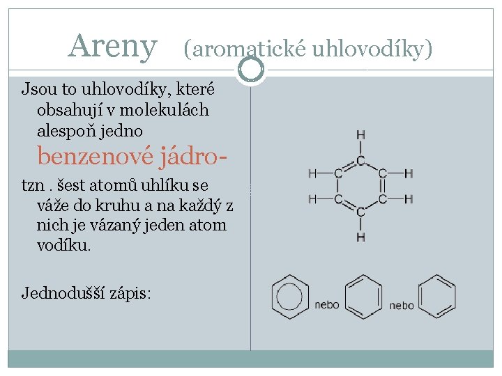 Areny (aromatické uhlovodíky) Jsou to uhlovodíky, které obsahují v molekulách alespoň jedno benzenové jádrotzn.