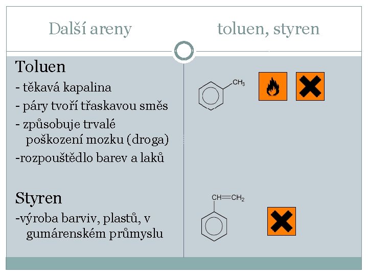 Další areny Toluen - těkavá kapalina - páry tvoří třaskavou směs - způsobuje trvalé