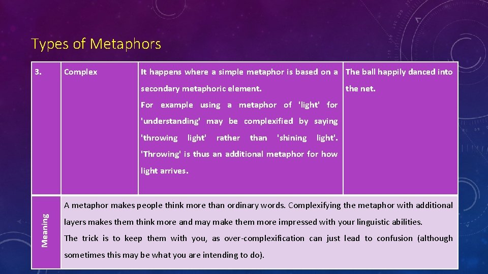 Types of Metaphors 3. Complex It happens where a simple metaphor is based on
