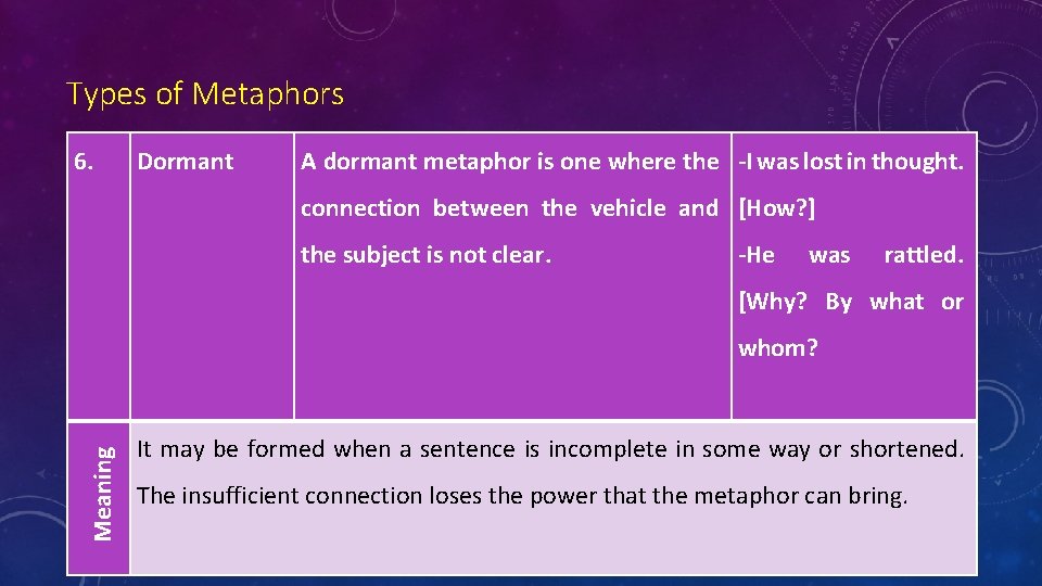 Types of Metaphors 6. Dormant A dormant metaphor is one where the -I was