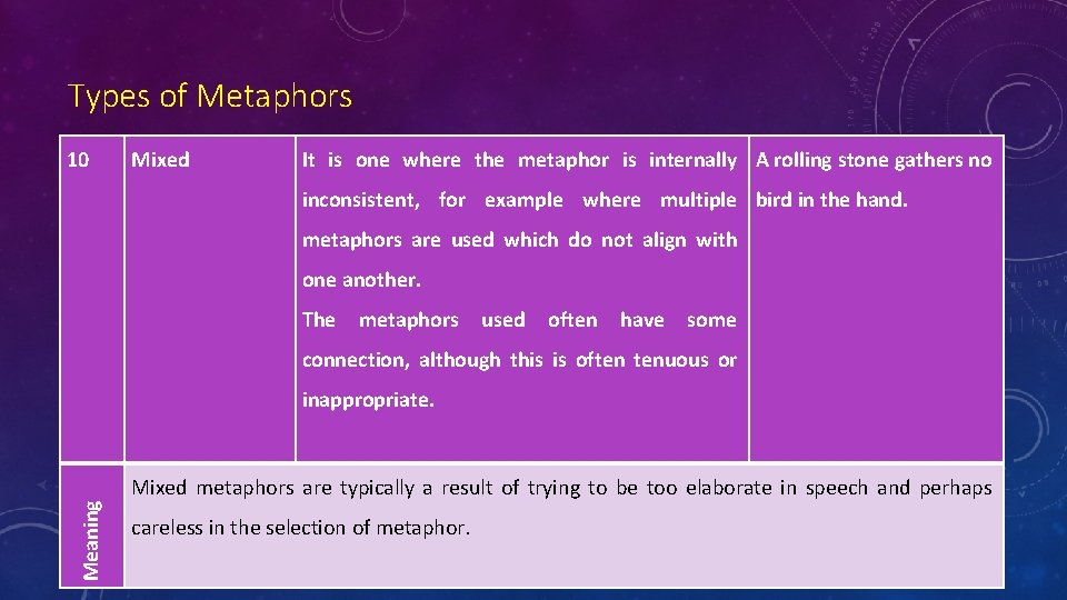 Types of Metaphors 10 Mixed It is one where the metaphor is internally A