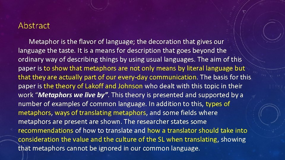 Abstract Metaphor is the flavor of language; the decoration that gives our language the