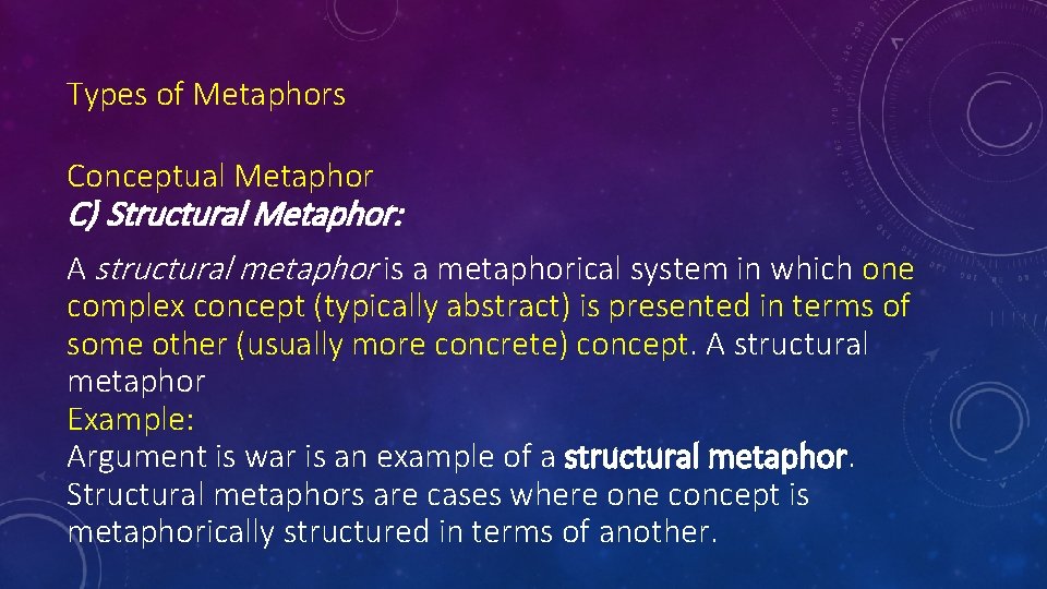 Types of Metaphors Conceptual Metaphor C) Structural Metaphor: A structural metaphor is a metaphorical
