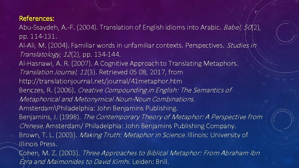 References: Abu-Ssaydeh, A. -F. (2004). Translation of English idioms into Arabic. Babel, 50(2), pp.