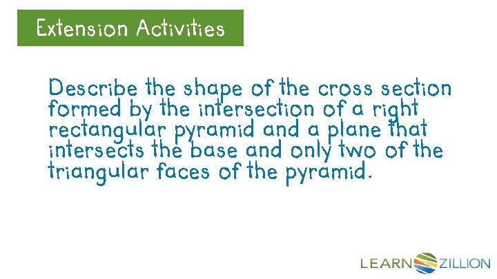 Extension Let’s Review. Activities Describe the shape of the cross section formed by the