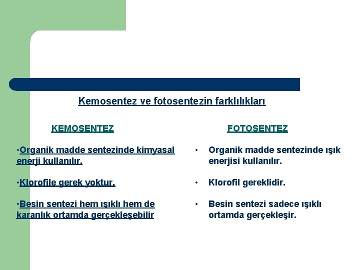 Kemosentez ve fotosentezin farklılıkları KEMOSENTEZ FOTOSENTEZ • Organik madde sentezinde kimyasal enerji kullanılır. •