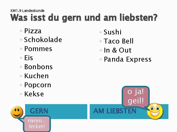 KM 1. 9 Landeskunde Was isst du gern und am liebsten? ◦ Pizza ◦