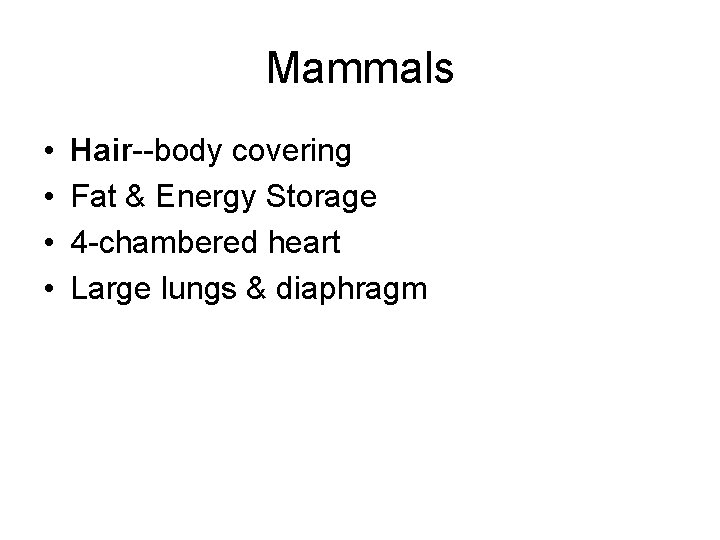 Mammals • • Hair--body covering Fat & Energy Storage 4 -chambered heart Large lungs