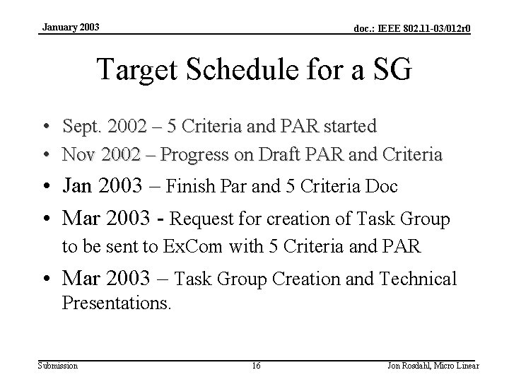 January 2003 doc. : IEEE 802. 11 -03/012 r 0 Target Schedule for a
